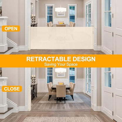 140 Inch Extra Wide Baby Gate Retractable Dog Gates for The House Extra Wide Dog Gates Extra Long Baby Gates Extra Large Dog Gates for Large Openings Outdoor Indoor Retractable Baby Gates (Beige)