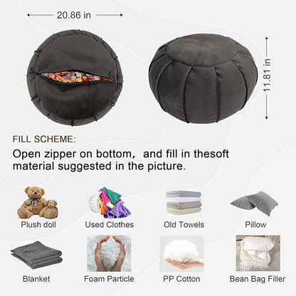 Louis Donné Unstuffed Ottoman Pouf Cover, Eco-Friendly Fabric Pouf Ottoman Floor Chair with Storage Solution for Bedroom, Round Foot Stools for Seating Poufs for Living Room Camper（Dark Brown）