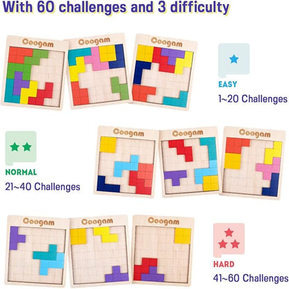 Coogam Wooden Puzzle Pattern Blocks Brain Teasers Game with 60 Challenges, 3D Russian Building Toy Wood Tangram Shape Jigsaw Puzzles Montessori STEM Educational Toys Gift for Kids Adults