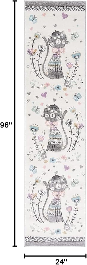 SAFAVIEH Carousel Kids Collection Runner Rug - 2' x 8', Ivory & Pink, Cat Design, Non-Shedding & Easy Care, Ideal for High Traffic Areas for Boys & Girls in Playroom, Nursery, Bedroom (CRK187A)