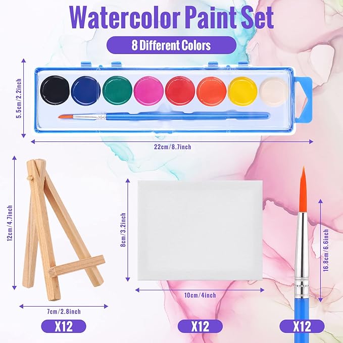 Fuutreo Watercolor Paint Sets 3x4 Mini Canvas Easel Paints Brush Set Kids Art Party Favors and Party Supplies Watercolor Paint Party Favors Washable Watercolor Bulk for Kids Birthday Prizes (24 Pcs)