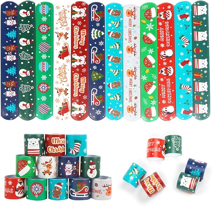 LOMIMOS 48PCS Christmas Slap Bracelets,Xmas Snap Wristbands with Santa Claus Reindeer for Kids Party Favors Little Toys