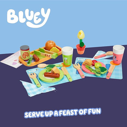 Bluey Toy Fruits and Vegetables for Toddlers, 32-Piece Pretend Food with Plates, Utensils, Baby Play Food & Wooden Toy Fun