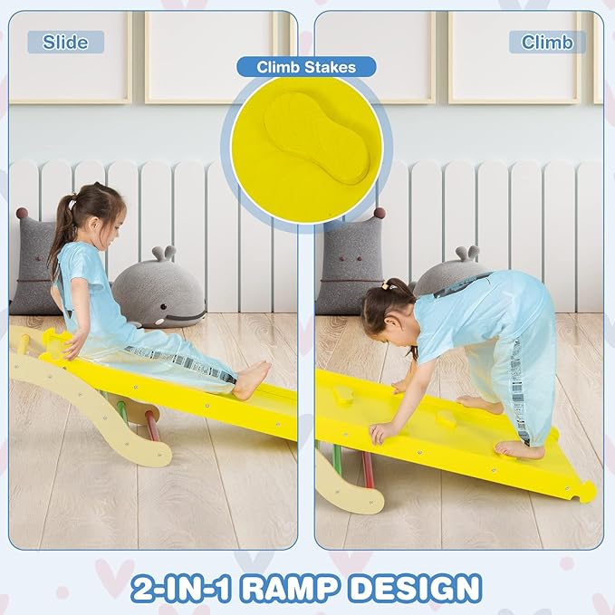 HONEY JOY Wooden Ladder Arch for Climbing, 3 in 1 Kids Climber Ladder & Rocker Board w/Cushion Pad, Toddler Climbing Toy Set for Playground, Gym & Daycare, Gift for Boys Girls(Colorful)