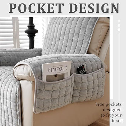 Plush Recliner Slipcover 30 Inches Washable Chair Covers Artificial Wool Lazy Boy Cover Quilted Cover for Recliner Chairs and Furniture,Large Taupe Chair Protector with Side Pocket for Kids/Pets