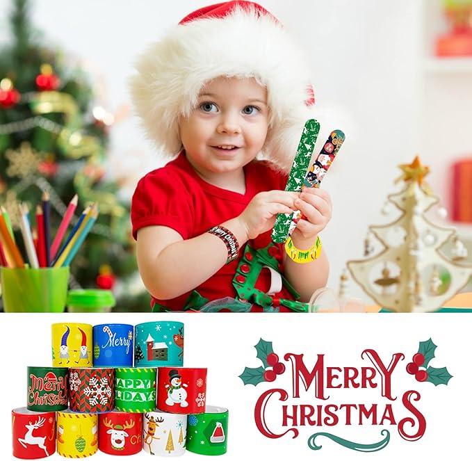 100Pcs Christmas Slap Bracelets, Christmas Party Favors for Kids, Christmas Stocking Stuffers, Christmas Toys For kid and children, Party Gift Bag Filler Supply