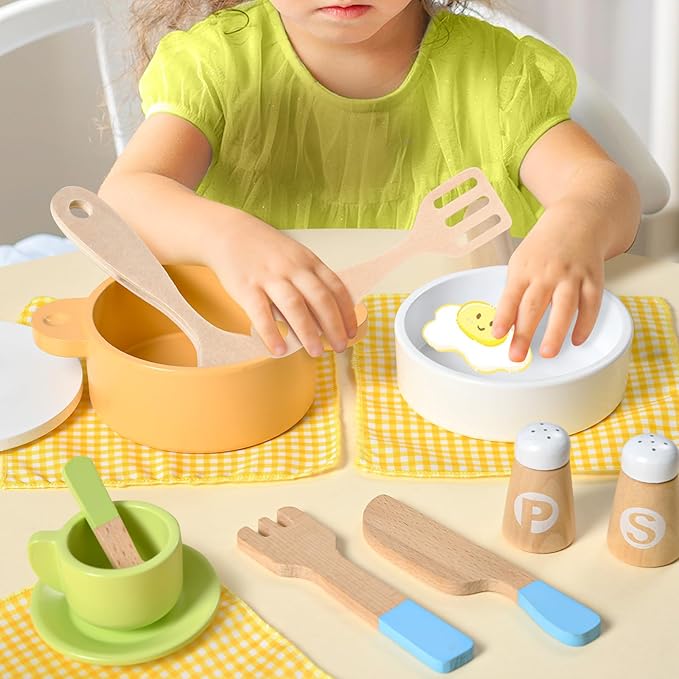 Toyssa 34 PCS Wooden Play Dishes and Plates Kitchen Set Toys for Toddler, Kids Play Kitchen Accessories with Pan & Tableware, Montessori Pretend Cooking Set Birthday Gifts for 3 4 5 6 Years Girls Boys