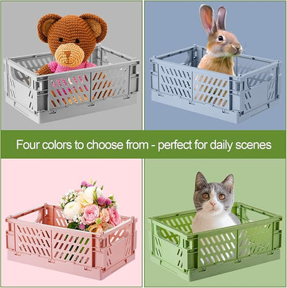 HUUSMOT 4-Pack Small Pastel Plastic Storage Baskets, Collapsible Crates for Organizing, Space-Saving Mini Bins for Classroom, Kitchen, Office, Bedroom (9.8" x 6.5" x 3.8")