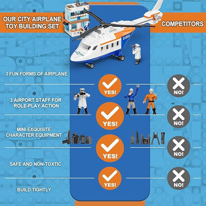City Passenger Airplane Building Set for Boys, 3 in 1 Plane Helicopter Toy Kit with 3 Airport Staff, Terminal, Baggage Truck, Radar Tower, STEM Toy Gift for Kids Girls 6 7 8 9 10+ Years Old (796 PCS)
