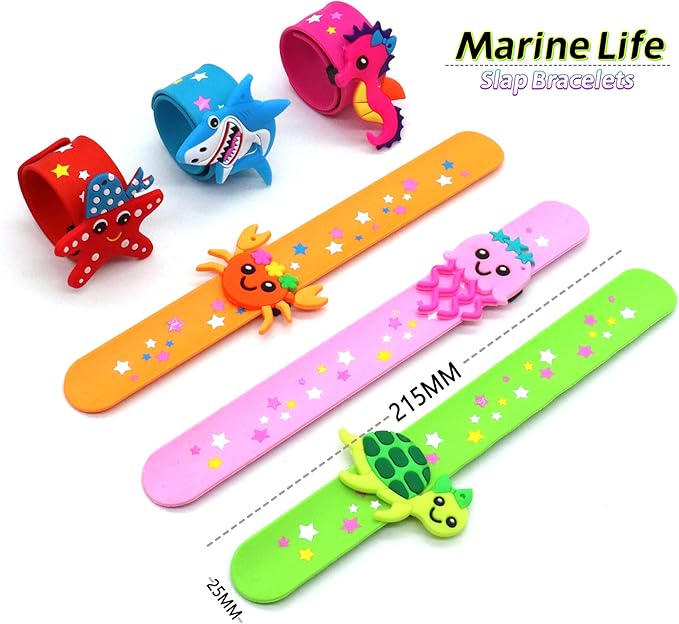Marine Life Slap Bracelets Party Favors for Kids(6pack)-Jellyfish/Crab/Shark/Starfish/Turtle/Seahorse Goodie Bag Stuffers for Boys&Girls Marine Life Theme Party Supplies Carnival Prizes Suit