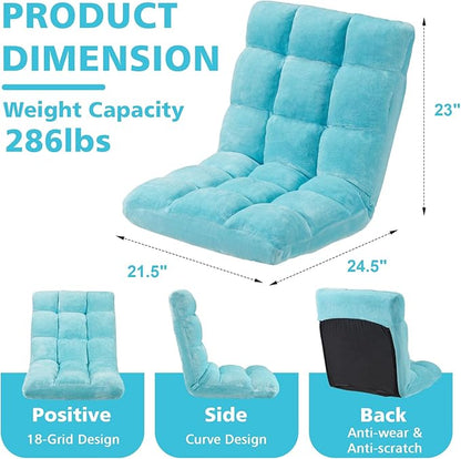 Folding Floor Chair 14-Position Cushioned Adjustable Floor Lazy Sofa Chair w/Breathable Cotton & Skin-Friendly Flannel for Adults & Kids Ideal for Reading Meditating, Blue