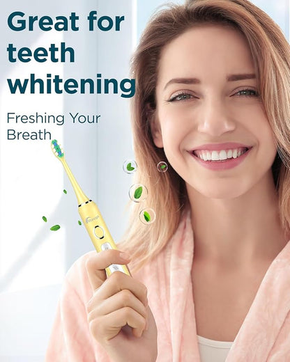 Rtauys M5 Sonic Electric Toothbrush for Adults and Kids - Rechargeable Electric Toothbrush Kids Ages 12+ and Adults with 8 Brush Heads & Travel Case, 120 Days Battery Life - Yellow