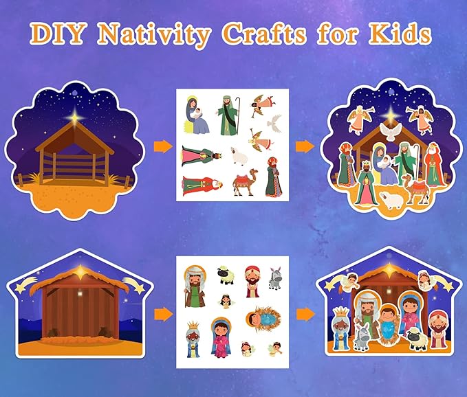 FaCraft Nativity Craft Sticker for Kids - 24pcs Make a Nativity Scene Stickers Christmas Crafts Kits DIY Nativity Set for Sunday School Classroom Religious Christian Xmas Party Game Favor Gifts