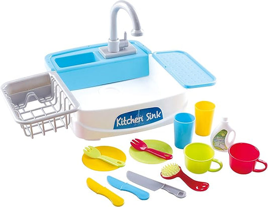 Play My Little Kitchen Sink Toys - Toddler Kitchen Role Dishwasher Toys with Running Water Cycle System - Utensils Tableware Accessories for Kids - 18 Piece Pretend Toy for Boys & Girls