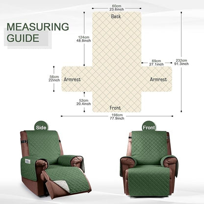 KinCam 100% Waterproof Recliner Chair Cover, Reclining Couch Covers for Pets, Dogs, Recliner Couch Slipcover Furniture Protector with Elastic Straps for Kids(23.6", Vine Green)