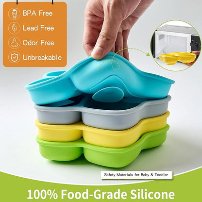 4 Pack Suction Plates for Baby & Toddler, 100% Food-Grade Silicone, 4 Large Divided Design, Microwave & Dishwasher Safe