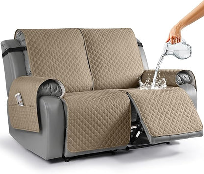 TAOCOCO Loveseat Recliner Cover Non-Slip Sofa Slipcover, Pet Cover for Loveseat Recliner with Elastic Straps, Washable Reclining Loveseat Cover Recliner Furniture Protector (2 Seater, Camel)