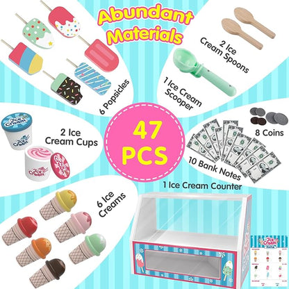 Ice Cream Toys, Wooden Ice Cream Play Set, Pretend Play Toys, 47 Pcs Wooden Play Kitchen Accessories with Menu & Scoop & Menu & Fake Money, Ice Cream Toys for Toddlers 3 4 5 6 Girls Boys Birthday