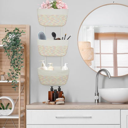 TeoKJ Over the Door Hanging Basket, 3-Tier Woven Cotton Wall-Mounted Storage Organizer Bag Decorative Hanging Nursery Baskets, White & Rainbow Stitching
