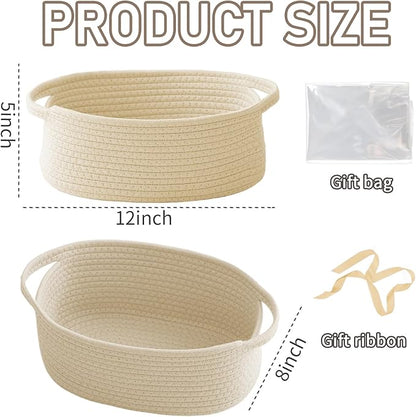 JMvicyroam Woven Basket,Small Rope Storage Bin with Handles & Ribbon Bag, Organizer for Shelves Closets,Gift Basket Empty for Birthday,Books,Dog Toys,Beige/3 Pack