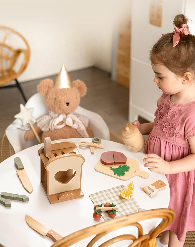 ROBOTIME Play Toy Food for Play Kitchen, Wooden Kids Play Kitchen Knife Set – Kids Kitchen Accessories with Cutting Board, Wooden Fruits, Vegetables, Bread, and Cooking Tools for Toddlers Boys Girls