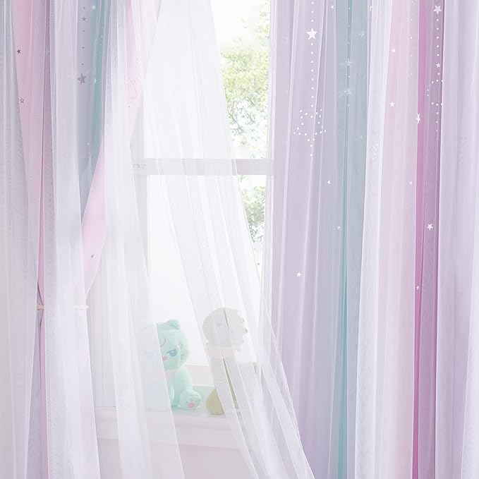 NICETOWN Moon Star Curtains for Girls Bedroom Nursery Blackout Decor Light Blocking Sheer Overlay PrincessRainbow Striped Layered Window Curtains, 2 Panels, 52W x 84L, Purple Blue Pink