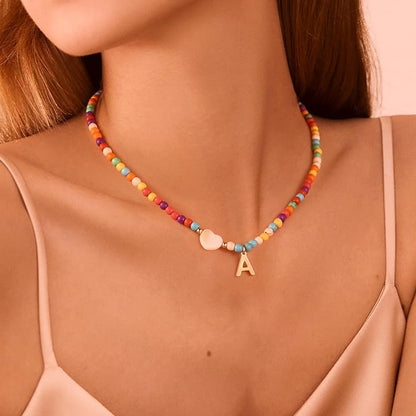 Ursteel Colorful Initial Cute Necklaces for Girls - Trendy Beaded Choker Necklace for Women Teen Girl, Handmade Letter Necklace Gifts for Women Girls Jewelry