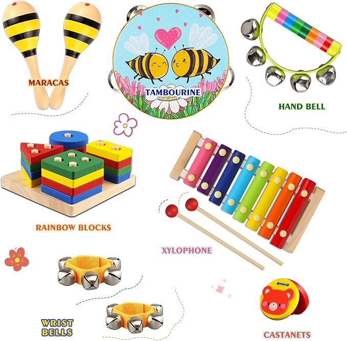 Toddler Musical Instruments for Kids,Baby Musical Toys Preschool Educational Wooden Percussion Instruments Toddler Toys with Bag for Boys and Girls