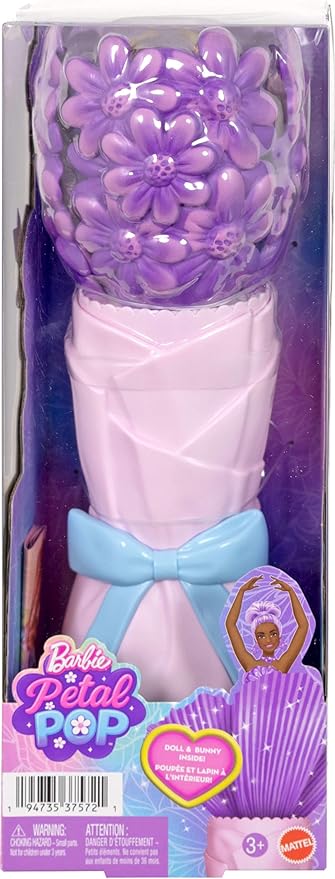 Barbie Petal Pop Scented Doll with Purple Floral Dress & Accessories, Bouquet Reveal with Pet Bunny & Surprises Like Watering Can, Necklace & Earrings