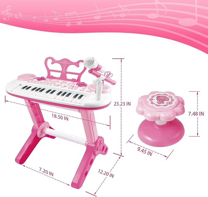 Kids Piano Keyboard Toys, 31-Keys Piano for Toddler Ages 3-5-9, Educational Toys with Microphone, Stool, Portable Multifunction Electronic Musical Instrument, 3+Year Old Girls Birthday Gift Ideas-Pink