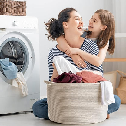 Maliton Extra Large Blanket Basket, Big Woven Cotton Rope Bin for Toys Towels, Pillow Basket with Handles, 22" x 22" x 14" Nursery Laundry Hamper, White Large Storage