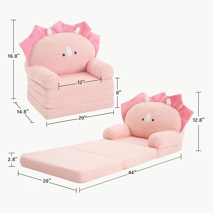 MOONBEEKI Comfy Toddler Chair, Kids Couch Fold Out to Lounger, Foldable Baby Sofa Plush for Girl and Boy Age 18 Months and Up （Pink Triceratops）