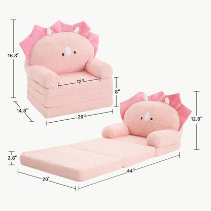 MOONBEEKI Comfy Toddler Chair, Kids Couch Fold Out to Lounger, Foldable Baby Sofa Plush for Girl and Boy Age 18 Months and Up （Pink Triceratops）