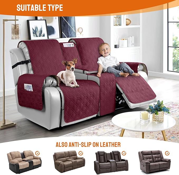 VANSOFY Loveseat Recliner Cover with Console 100% Waterproof Sofa Slipcovers Non-Slip Reclining Couch Cover Split Sofa Covers Furniture Protector for Pets, Dogs(Burgundy1)