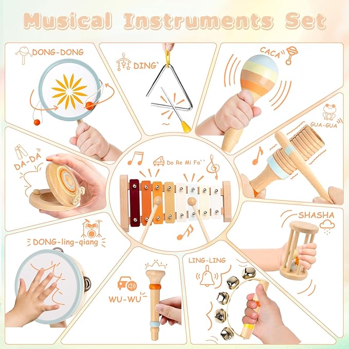 Baby Musical Instruments for Toddlers 1-3, 12PCS Montessori Musical Toy Set with Xylophone, Drum, Maracas...Perfect Toy Gift for 1-3 Year Old Boy Girl