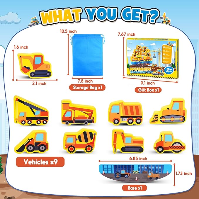 Montessori Toys for Kids Wooden Construction Engineering Cars Blocks Stacking Toy for 3 4 5 6 Year Old Boys Girls Toddlers Educational Toys Balance Game for Boy Girl Age 3-6