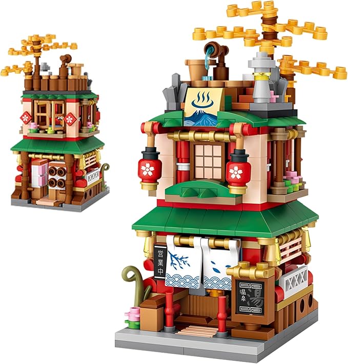 Japanese Street View Shop Building Blocks House Toy, 4 Models Mini DIY Building Blocks Model MOC Construction Toy, Gift for 6-12 Years Old Kid Girls and Boys
