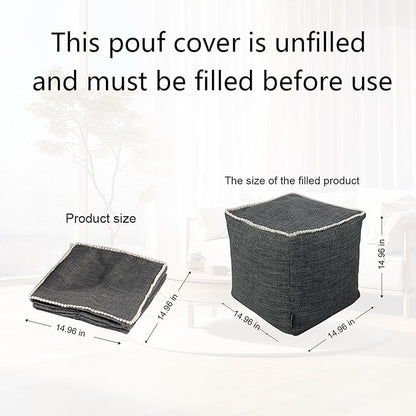 Louis Donné Unstuffed Pouf Ottoman Footstool Cover Gray Cottom Fabric for Storage, Decorative Washable Pouf Footstool with Trim Lace for Living Room House Warming Gifts(Only Cover)