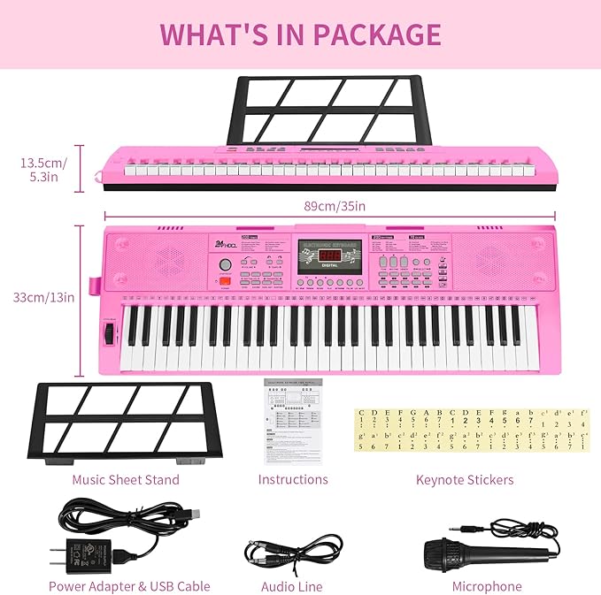 Kids Keyboard 61 Keys, Beginner Electronic Piano with One-Key Teaching 100 Tones & Rhythms, Portable Music Keyboard for Children with Microphone, Music Stand [Pink, Piano with Stand]
