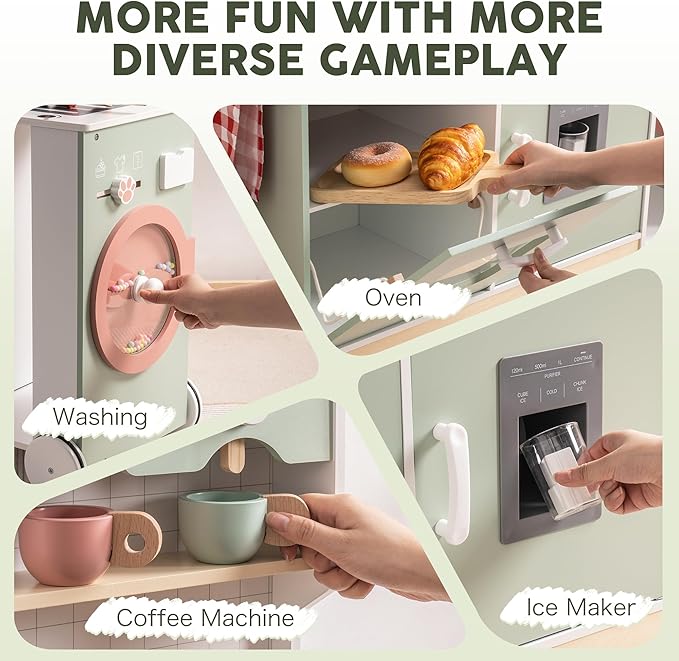 ROBUD Wooden Play Kitchen Set for Kids Toddlers, Pretend Kitchen Playset with BBQ Grill, Ice Maker, Coffee Machine, and Accessories, Toy Kitchen Gift with Lights & Sounds for Girls & Boys, Age 3+