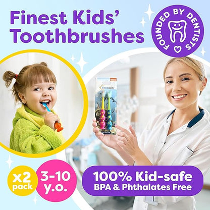Trueocity Kids Toothbrush 2 Pack - Soft Contoured Bristles - Child Sized Brush Heads (3-10 Year Old) - Suction Cup for Fun & Easy Storage - Girl & Boy Set (2-Pack, Multi-Color)