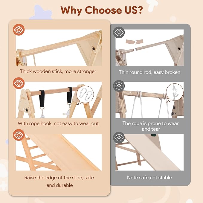 7 in 1 Indoor Jungle Gym for Kids, Foldable Toddler Indoor Playground with Slide, Beechwood & Baby Swing, Climbing Wall & Ladder, Wooden Climbing Toys Playset Gifts for Kids (Wood Color)