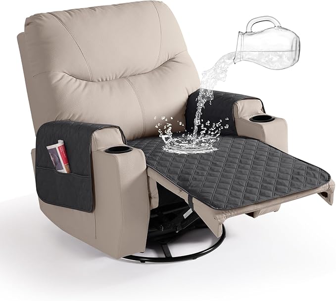 Ruaozz Waterproof Recliner Chair Covers Non Slip Chair Covers Washable Recliner Covers for Reclining Chair with Pockets Covers for Recliner Chair for Pets, Kids (Charcoal Grey, Medium-25'')