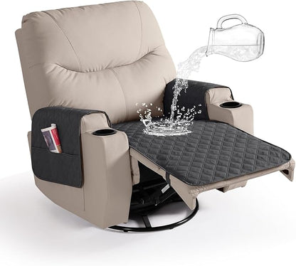 Ruaozz Waterproof Recliner Chair Covers Non Slip Chair Covers Recliner Seat Cover with Arms Washable Recliner Covers for Reclining Chair with Pockets (Charcoal Grey, Small-22'')