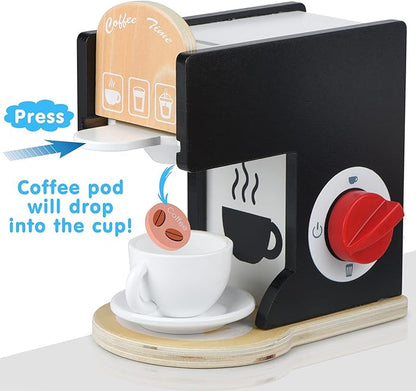 Play Kitchen Accessories Kids Wooden Coffee Maker Toy Espresso Machine Toddler Toy Kitchen Sets for Girls and Boys (Coffee Maker) (Black)