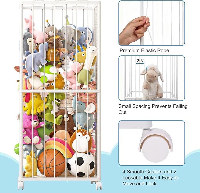 Fixwal Stuffed Animal Storage Zoo Metal Tube Extra Large Plushies Storage Stuffed Animals Holder Kids Toy Organizers and Storage with Elastic Band and Net for Playroom Bedroom White 61 x 23.6 x 16.5