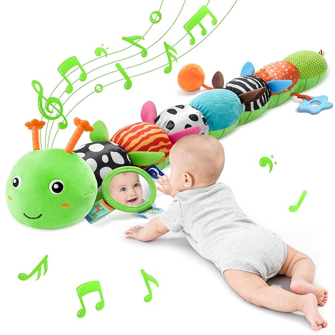 Tummy Time Baby Toys Sensory Musical Animal Stuffed Car Seat Toy for Infant 0-3-6-12 Months Newborn, Plush Caterpillar with Mirror,Crinkle,Rattle Teething Toys for Baby Boys Girls Shower Gifts, Green