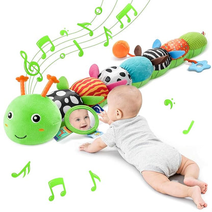 Tummy Time Baby Toys Sensory Musical Animal Stuffed Car Seat Toy for Infant 0-3-6-12 Months Newborn, Plush Caterpillar with Mirror,Crinkle,Rattle Teething Toys for Baby Boys Girls Shower Gifts, Green