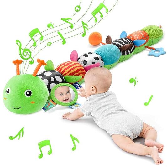 Tummy Time Baby Toys Sensory Musical Animal Stuffed Car Seat Toy for Infant 0-3-6-12 Months Newborn, Plush Caterpillar with Mirror,Crinkle,Rattle Teething Toys for Baby Boys Girls Shower Gifts, Green