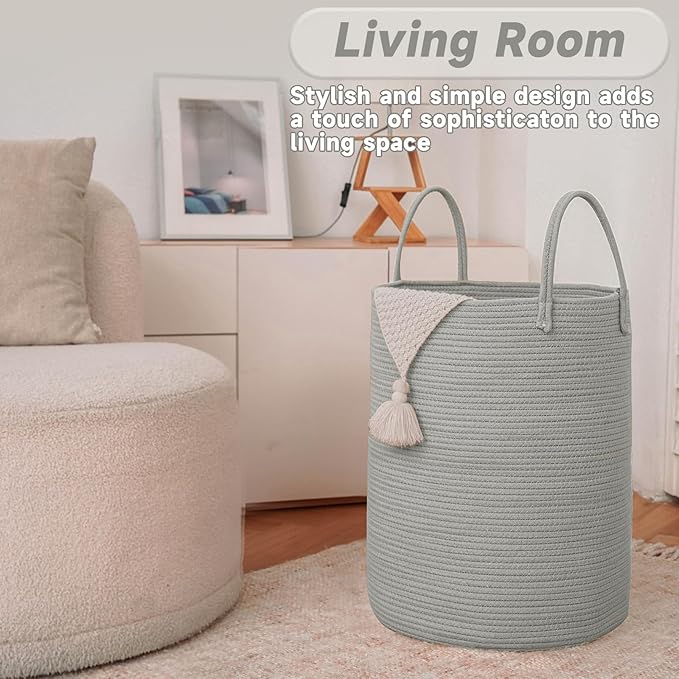JMvicyroam Large Woven Laundry Basket Hamper,100L Cotton Rope Storage Bin for Blankets,Toys and Clothes,Decorative Tall Nursery Hamper for Living Room,Baby Nursery,Bathroom and Bedroom,Grey